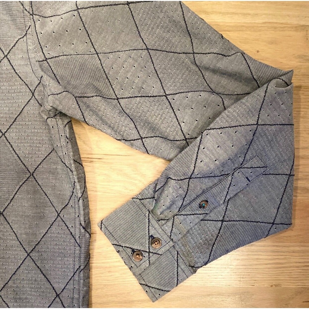 prAna Gray Cotton Blend Diamond Stripe Pattern Button Up Casual Shirt Men's L - Picture 5 of 11